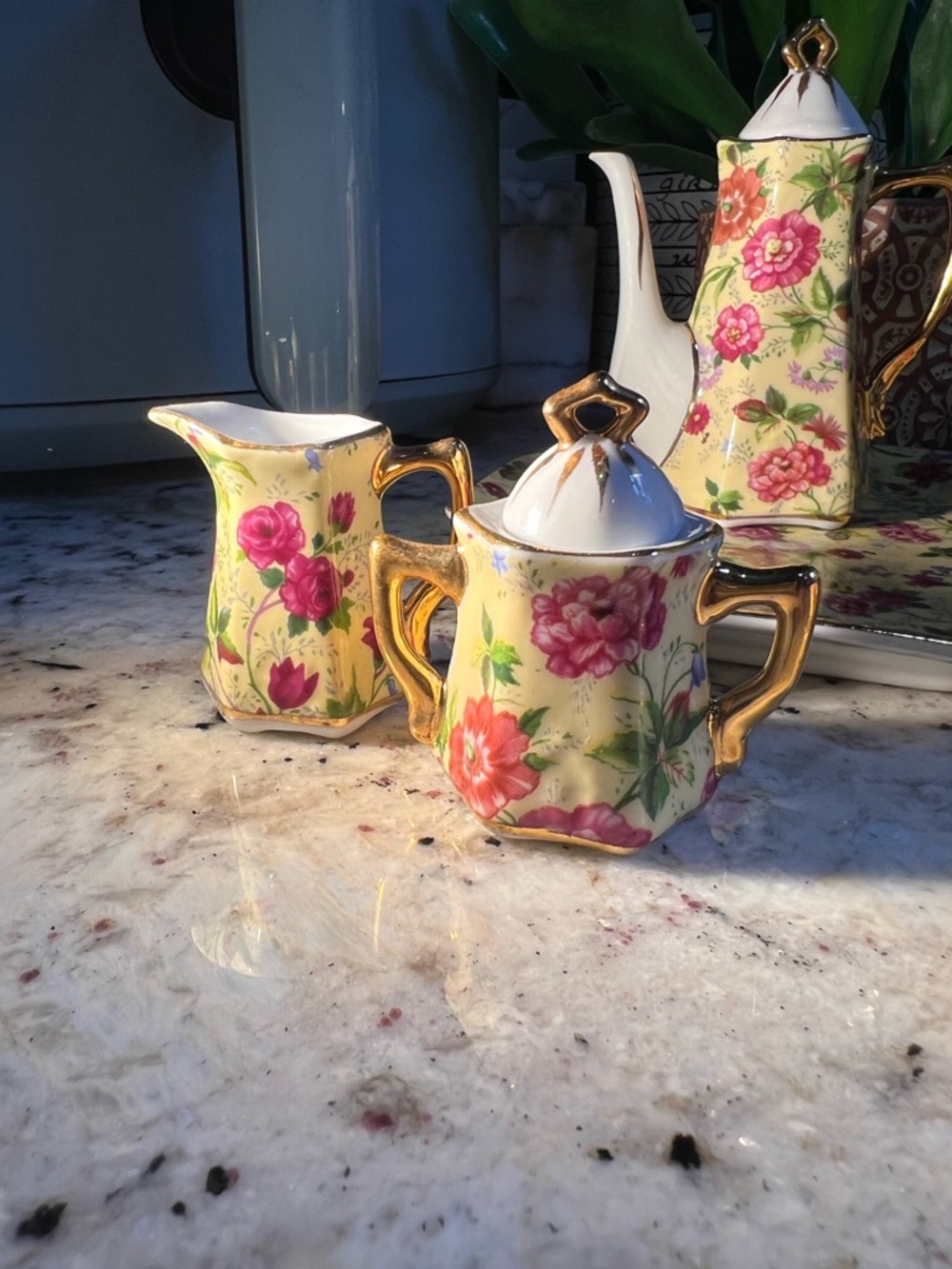 Miniature Decor Chintz Tea Set with Gold Trim - Yellow Floral Pattern - Picture 3 of 10